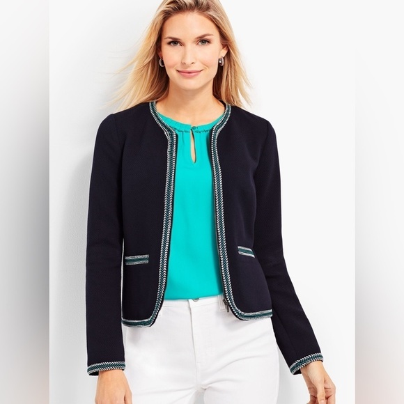 Talbots Navy Blue Zip-Front Braided Trim Tweed Blazer Jacket Women’s Size 6 - Picture 1 of 7